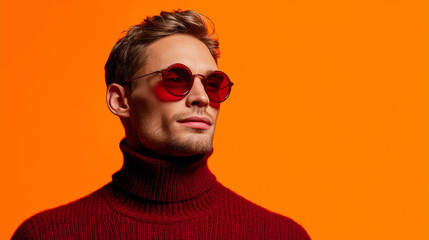 Fototapeta premium Fashion portrait of a man wearing red sunglasses and a turtleneck against an orange background with copy space.