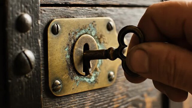 Key entering antique lock brass and wooden textures
