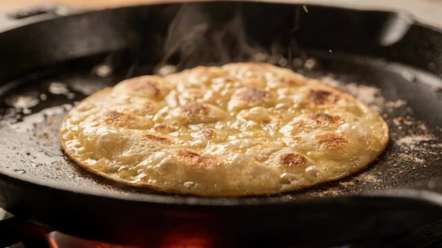 Medium shot of a tortilla puffing up as it cooks on a hot glowing griddle highlighting the bubbling dough and sizzling heat waves above the surface.