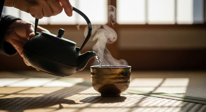 A hand pours steaming tea from a traditional kettle into a beautifully crafted cup, set against a serene backdrop of natural light.