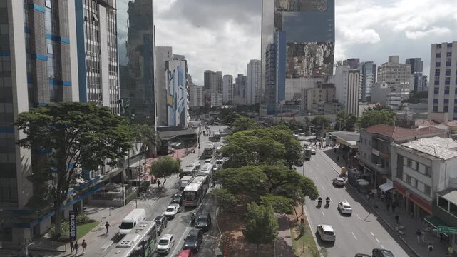 Aerial drone view of traffic and office buildings on Faria Lima Avenue, S&atilde;o Paulo, Brazil