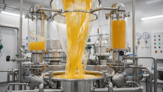 Medium shot capturing juice flowing through centrifuges and filtration units emphasizing the clarity and purity achieved during the beverage clarification stage.