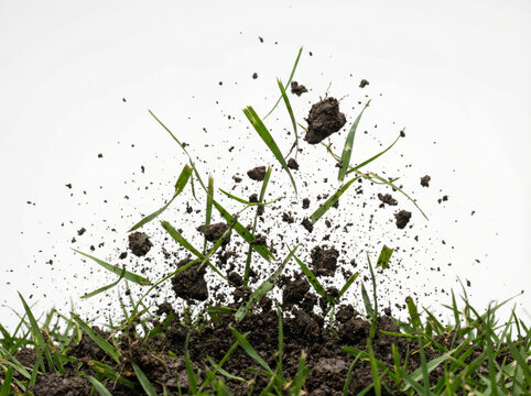 Dirt and grass turf splashing up from ground impact.