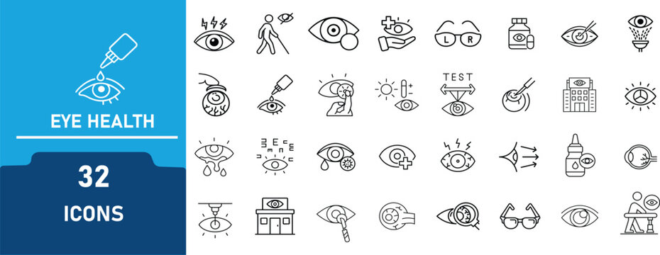 Ophthalmology and eye icon set.Contains icon related   vision test,retina scan, eye care,optical lens, and more . Editable Stroke. Vector Illustration