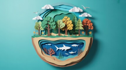 Paper Cut Art of Vibrant Forest and Ocean Ecosystem with Sharks and Trees