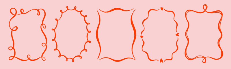 Fototapeta premium Whimsical bachelorette frames and borders with wavy squiggly lines. Oval and rectangle shape decorative borders. Whimsical wedding and bachelorette decorative frames.