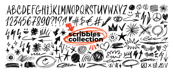Black crayon scribbles, alphabet and numbers set. Charcoal scribble shapes and doodles, crown, hearts, pencil drawn bold arrows, emphasis shapes. © Anastasiia Hevko