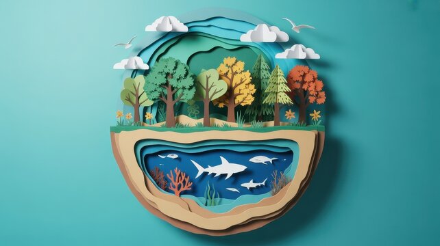 Paper Cut Art of Vibrant Forest and Ocean Ecosystem with Sharks and Trees
