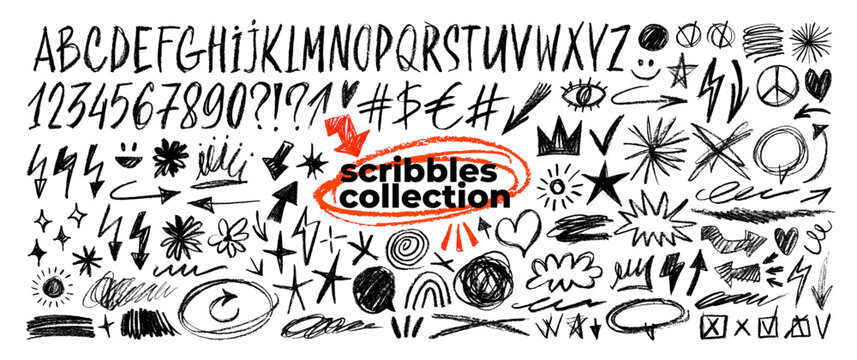 Black crayon scribbles, alphabet and numbers set. Charcoal scribble shapes and doodles, crown, hearts, pencil drawn bold arrows, emphasis shapes.