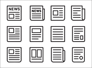 Isolated newspaper icon set, newspaper icon grid, news, media, article, report, journal, minimal flat vector, simple shapes, outline, black icons, professional UI, high resolution, design, isolated