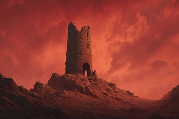Obraz premium epic crumbling tower under blood-red sky