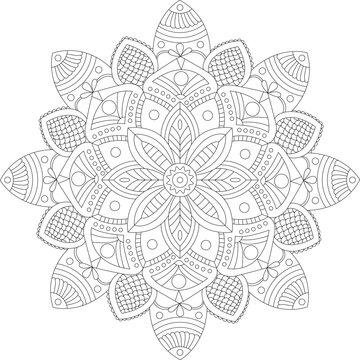 Floral mandala coloring page with symmetrical decorative pattern black and white intricate line art