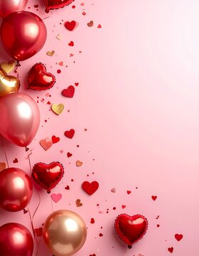 Composici&oacute;n rom&aacute;ntica minimalista con globos decorativos dorados y rojos sobre fondo rosa pastel. Estilo elegante y festivo con confeti en forma de corazones y amplio espacio para texto.