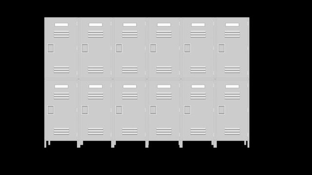 animated locker open and close one by one, animation footage video on alpha channel(transparent) background.