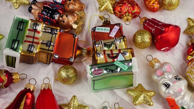 Festive holiday travel decorations on white background. Vintage-style Christmas ornaments featuring city names like Boston, New York, Paris, Chicago and Los Angeles. 