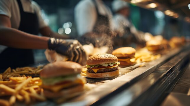 Busy burger kitchen prepares hot meals with fresh ingredients and fast service for customers during lunch rush hours