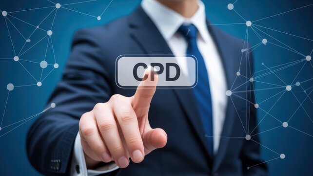 Businessman touching CPD button on virtual screen with network connection background, concept of continuing professional development