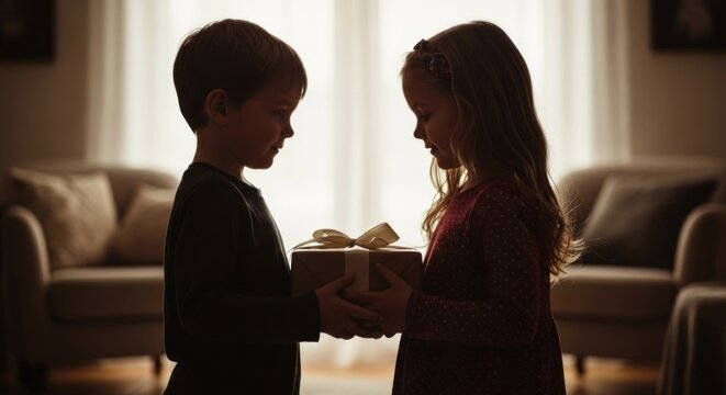 Silhouette of boy giving gift to girl in softly lit interior