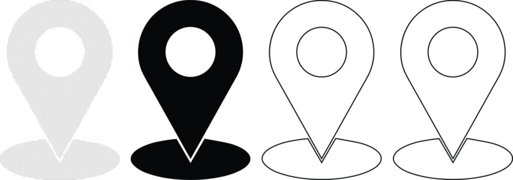 Four different styles of simple location map pin icons isolated on transparent background