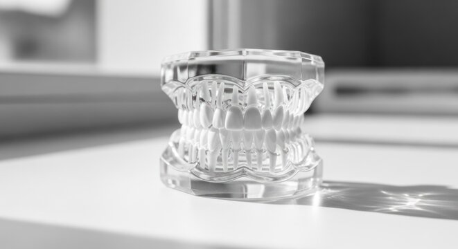 Transparent jaw model with teeth, grayscale