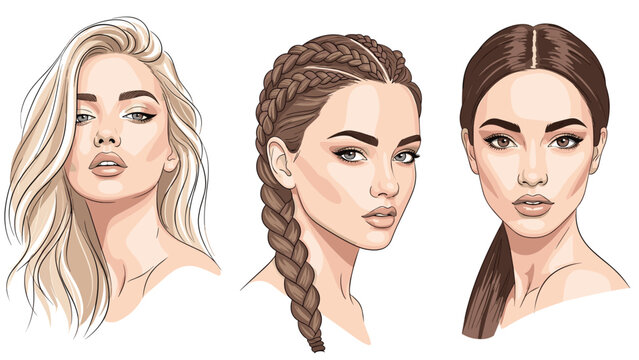 Three portraits of the same woman display different hair styles including loose waves, a French braid, and a simple ponytail.