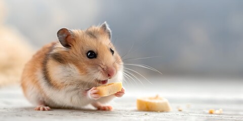 Fototapeta premium Cute hamster holding food, studio lighting, soft background, adorable animal portrait
