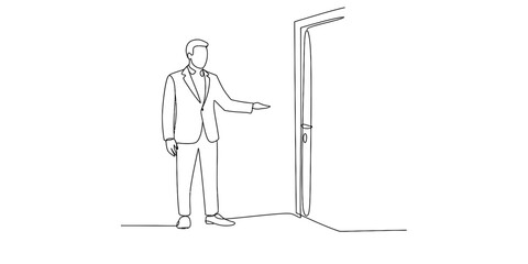 Businessman gesturing towards an open door, created with a single continuous line Vector, illustration