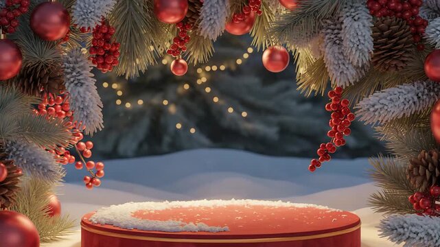 Cinematic Holiday Video of Snow‑Covered Red Platform with Pine and Ornament Frame