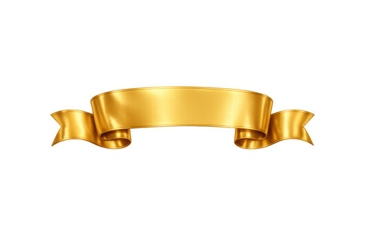 Elegant gold banner ribbon with curled ends, realistic metallic award tag for celebration and luxury concepts