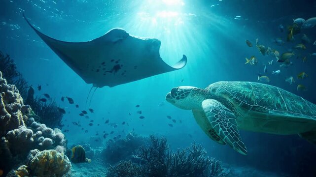 Giant manta ray and a green sea turtle gracefully swimming together in the deep blue ocean, surrounded by a coral reef and schools of fish with beautiful sun rays shining from above