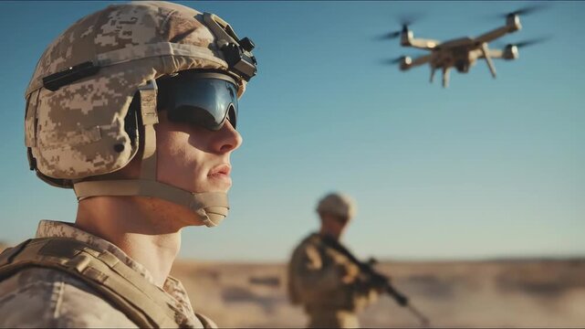 Military soldier, operating advanced quadcopter drone for crucial tactical reconnaissance, strategic desert surveillance, modern warfare deployment, effective defense strategy