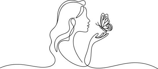Women’s day line art style vector illustration. Line art vector illustration of beauty woman with a butterfly.one line vector illustration with white background © Hossen