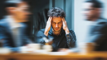 Stress, migraine and motion blur with a business man in a meeting feeling frustrated, tired or overworked. Mental health, anxiety and headache with an exhausted male employee suffering from fatigue