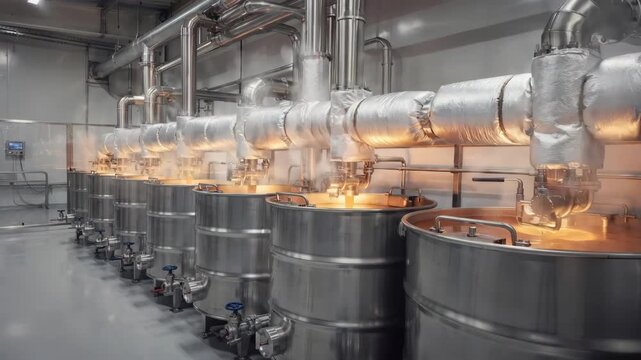 Medium shot of a heated bulk extract drum filling station showing steam rising as warm liquid flavors are carefully loaded into large drums with controlled precision. Medium shot