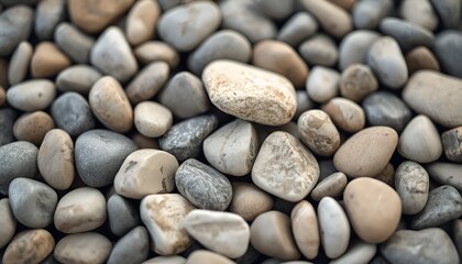 A visually striking collection of pebbles and stones, varying in shape, size, and texture, with a mix of smooth, rounded pebbles and rough, jagged stones, set against a neutral background that allows 