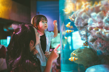 Curious little Asian girl looking at clownfish for learning in a large aquarium tank with her mother at an underwater world, Education and bonding