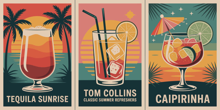 Layered Tequila Sunrise Cocktail in Tall Glass with Sunset Background and Palm Tree Silhouettes, EPS Vector