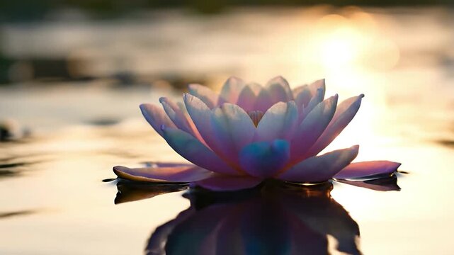 A beautiful pink water lily floats gracefully on a calm lake, bathed in the warm glow of a setting sun.