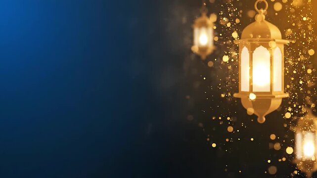 Decorative golden Arabian lanterns emit a warm, glowing light amidst shimmering golden particles against a dark blue background.