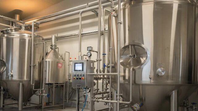 Medium shot focusing on the expansion of an existing brewhouse highlighting the integration of a large mash tun and kettle alongside upgraded stainless steel equipment.