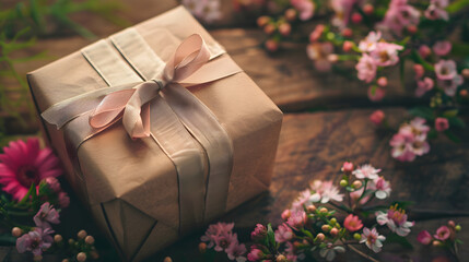 Title: Rustic Gift Box with Ribbon and Flowers in Soft Light

