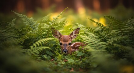 Obraz premium Fawn nestled in ferns looks at viewer in soft focused forest scene