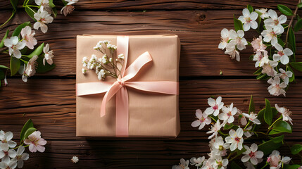 Title: Elegant Wrapped Gift Box with Ribbon on Wooden Background
