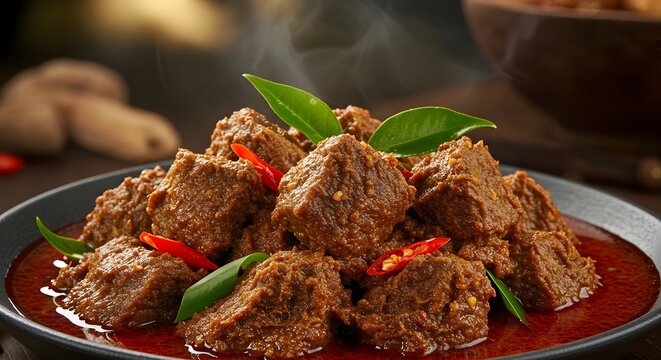 Close Up Of Traditional Indonesian Rendang Dish On A Black Plate Food Photography