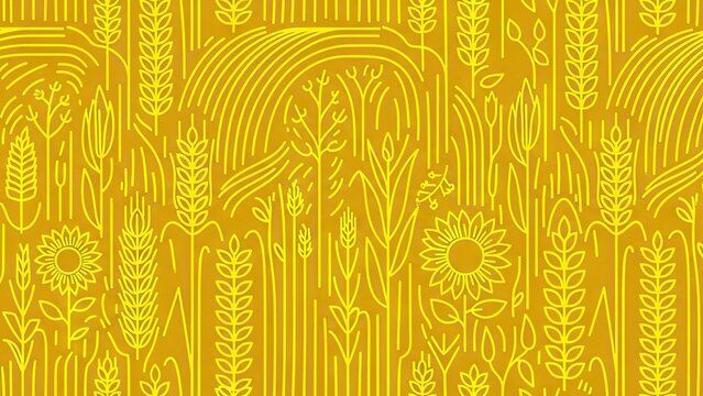 A vibrant yellow pattern featuring sunflowers and wheat stalks
