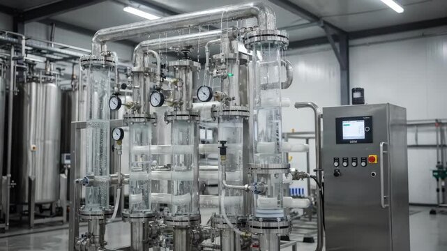 Medium shot of advanced membrane filtration unit purifying process water in a fiber manufacturing plant showing clear water recycling technology in action.