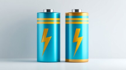 Close-up of two blue and gold batteries standing upright with lightning bolt icon