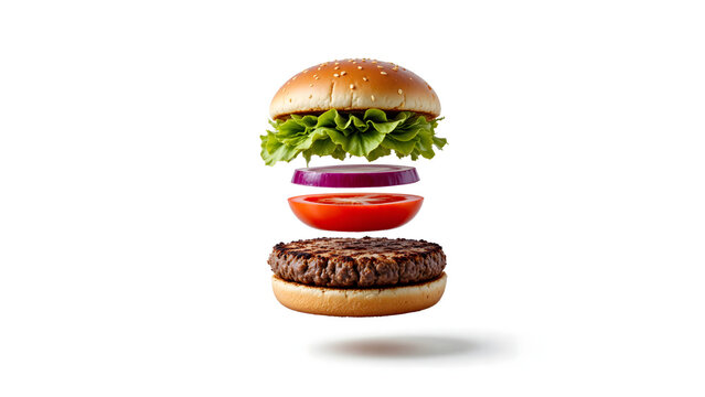A professional deconstructed gourmet beef burger mockup with floating layers of fresh lettuce, tomato, red onion, and grilled patty isolated on white. Ideal for fast food menu and marketing.
