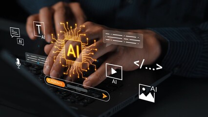 Innovative AI Technology in Digital Communication and Data Analysis with Hands Typing on Laptop...