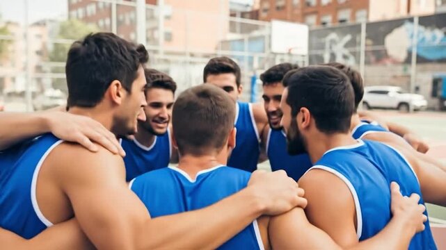 Group of young adult men in blue basketball jerseys huddling together on an outdoor urban court, showing teamwork and unity before a competitive game.